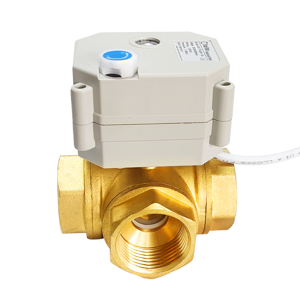 电动球阀铜三通,T型/L型电动铜三通阀门带手动带位置反馈，DC5V/12V/24V/220V微型电动阀DN8到DN32,BSP螺纹或NPT螺纹